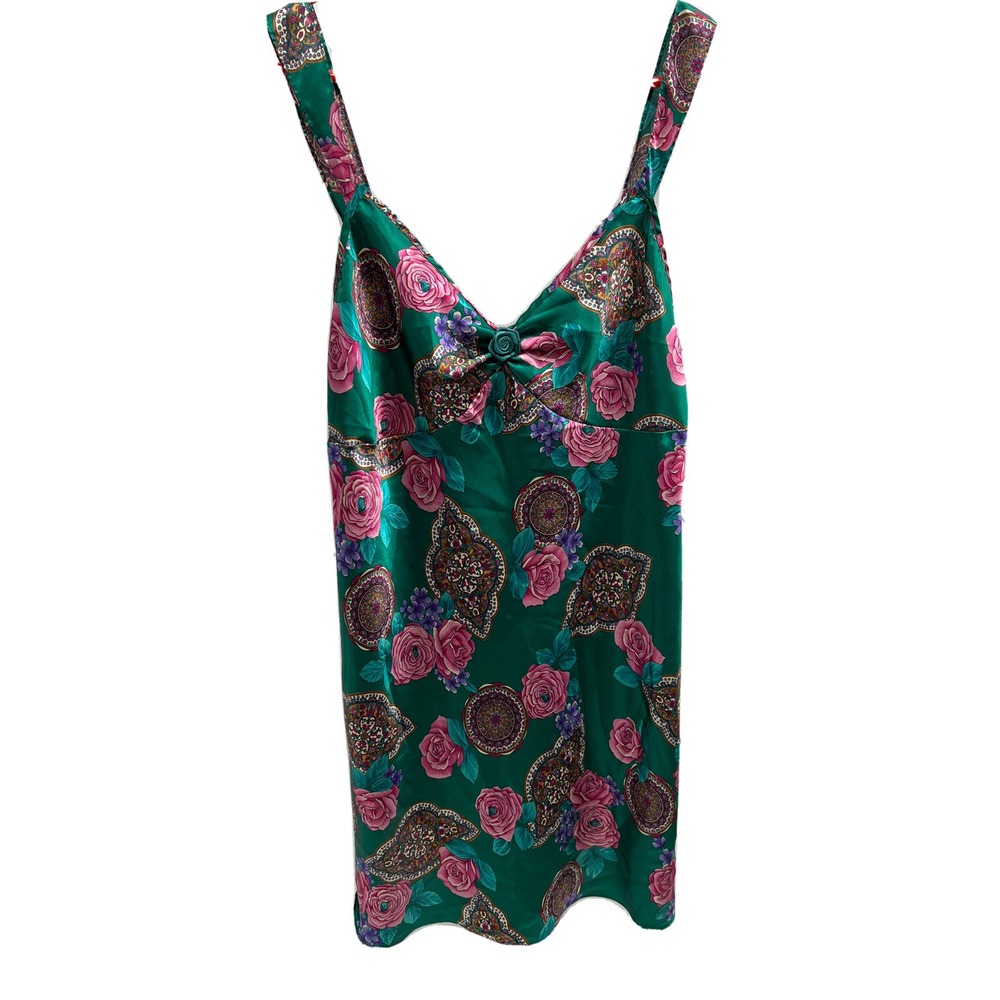 Adonna Satin Nightgown Women's Green Roses Size Large - Picture 4 of 6